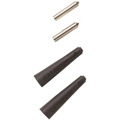 Two silver metal tips and two black rubber sheaths marked 'CAT IV 600V', potentially for electrical applications.