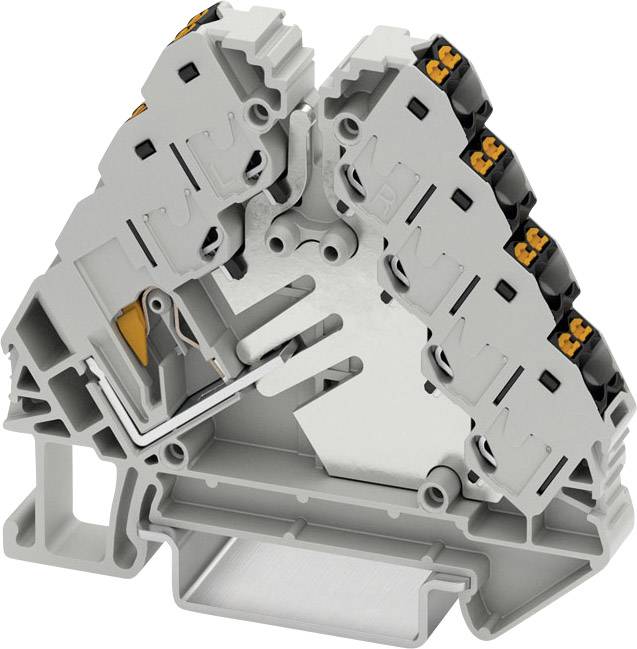 Grey, triangular terminal housing with orange wires, used for electrical connections.