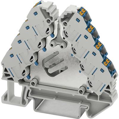 A grey, triangular electrical distribution block with multiple blue and orange connection terminals mounted on a metallic base.