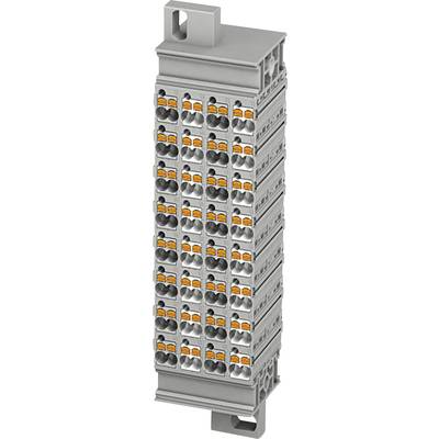 Row of grey electrical terminals, stacked with orange connecting elements.