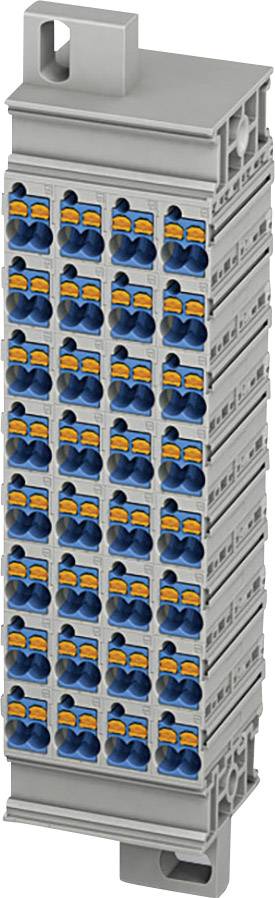 Grey, vertically stacked, modular connector housing with blue connectors and orange locking mechanisms.