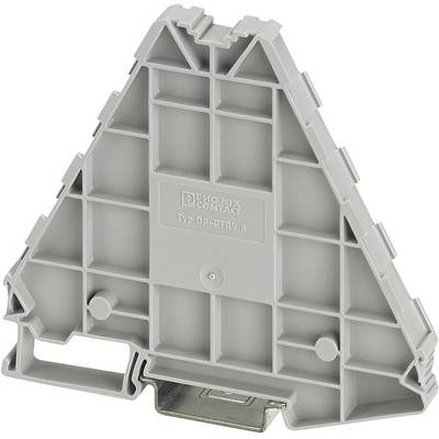 A grey terminal block in triangular form by PHOENIX CONTACT, type DP-PTRV 8, for mounting on a DIN rail in electrical control panels.