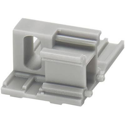 Grey plastic component with openings and grooves, possibly a connecting element or housing part, set against a white background.