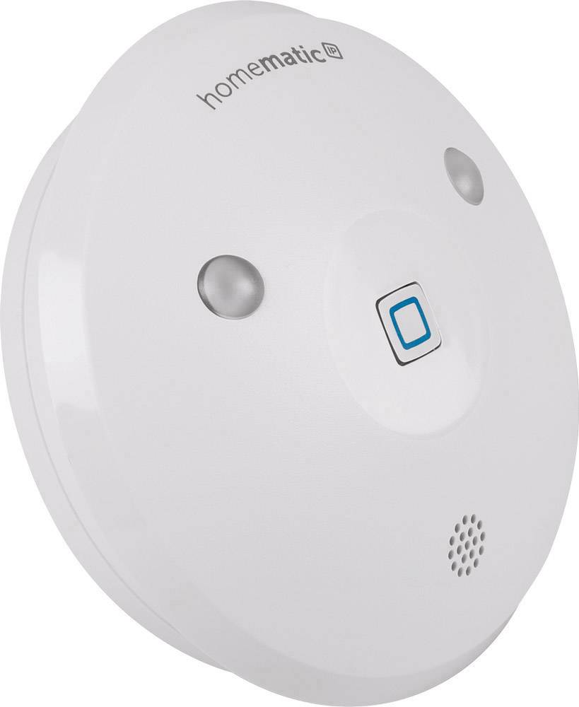 A circular smoke detector with a blue square button and two sensors. 'Homematic' is written at the top.