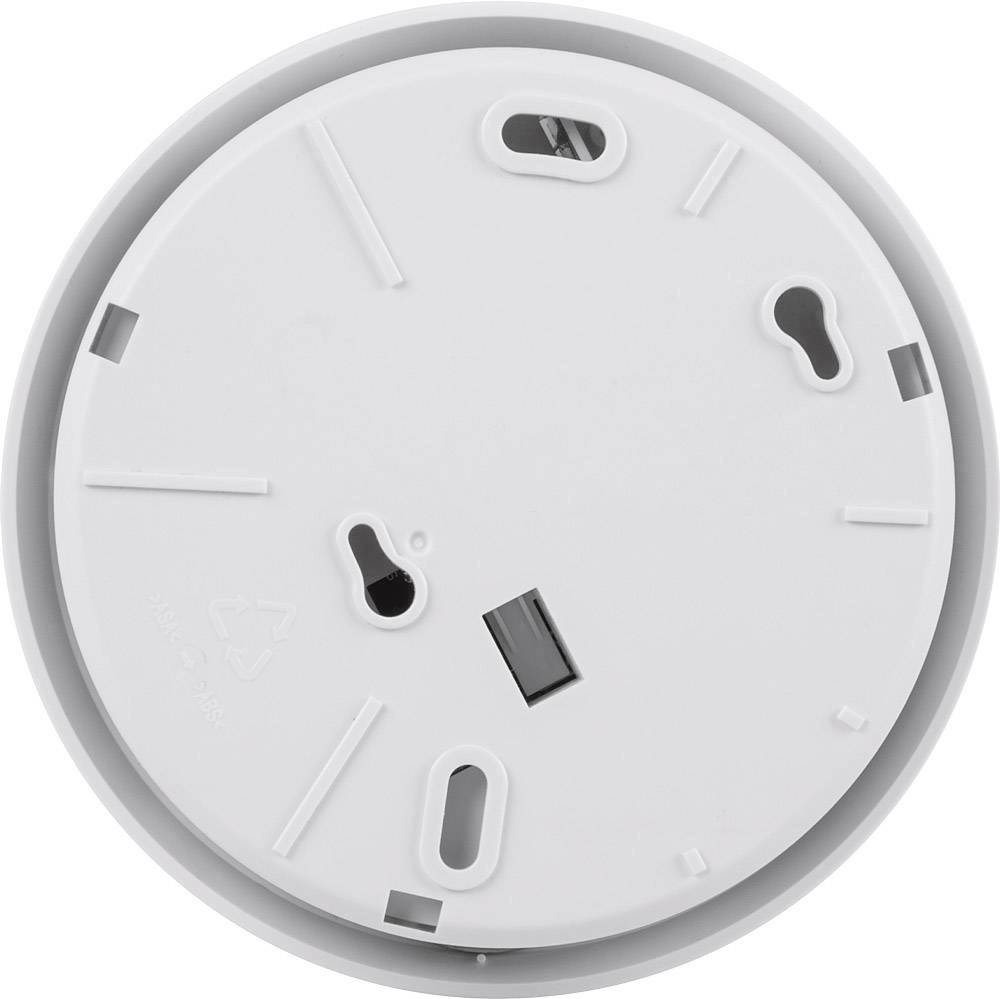 White round plastic mounting bracket, rear side with mounting slots and recycling symbol. Usage unclear, likely for devices.