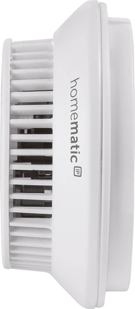 A white smoke detector from the 'homematic IP' brand in side view.
