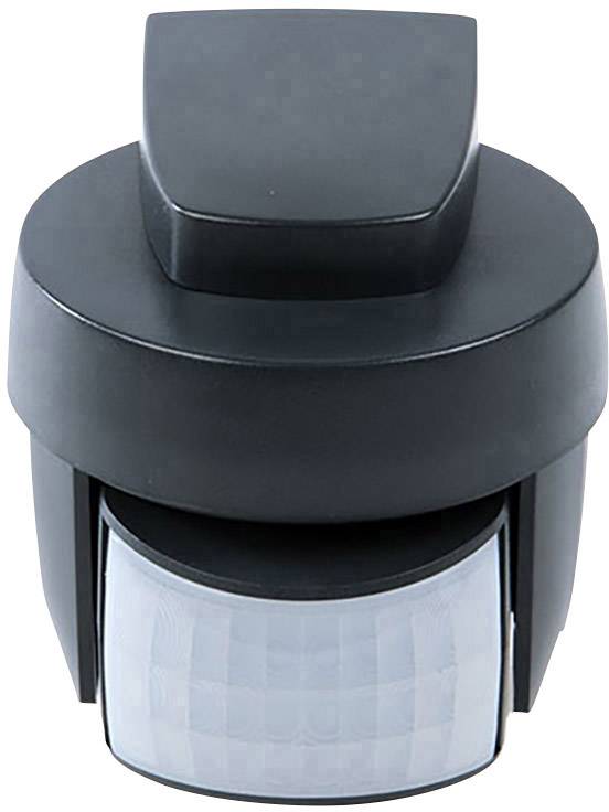 A black motion sensor with a rectangular sensor, primarily used for detecting movement in security applications.