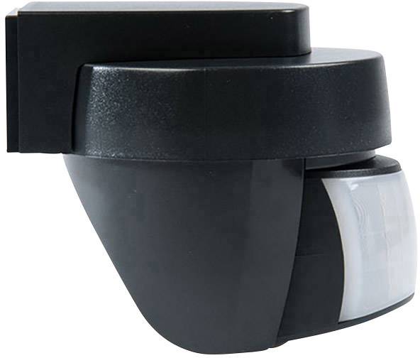 A black motion sensor with a rounded shape. It is suitable for wall mounting and is used to detect movements within a room.