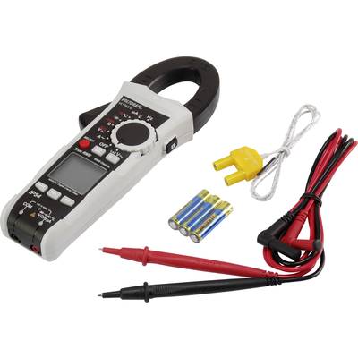 A digital multimeter with crocodile clips, batteries, and a K-type temperature probe. For measuring electrical values and temperatures.