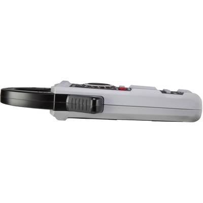 A digital multimeter viewed from the side, predominantly grey with black and red details, shows the measuring device from its lateral perspective.