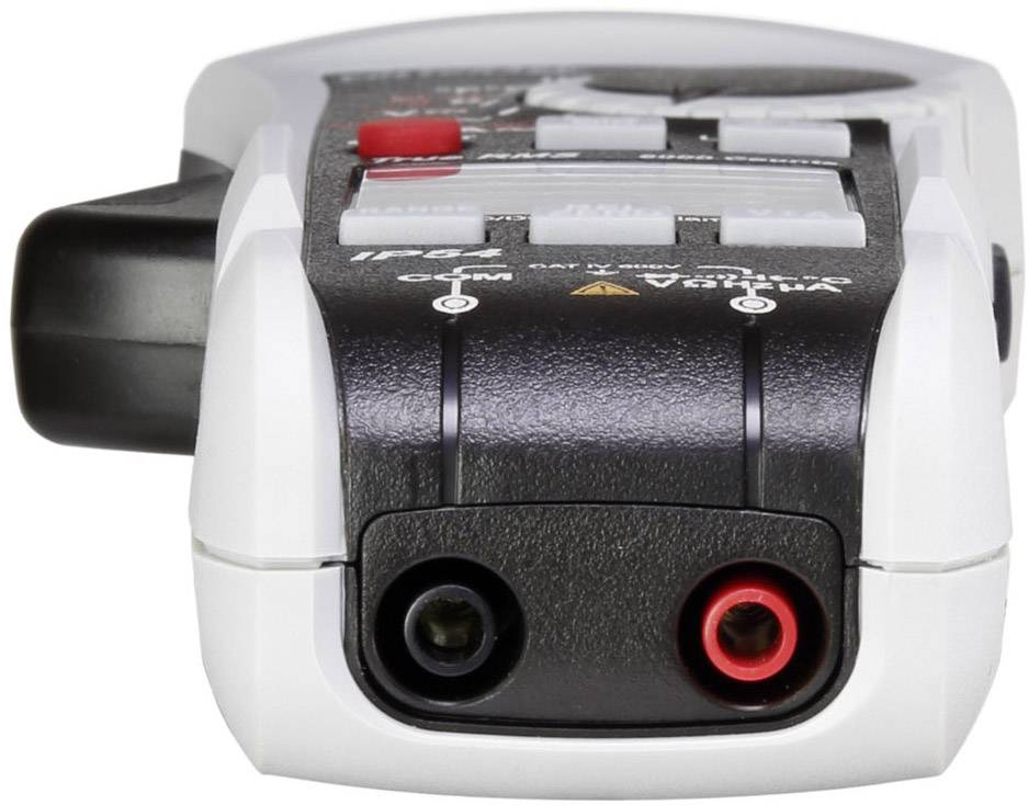 Digital multimeter with a black casing, red and black terminals. Used for measuring electrical values.