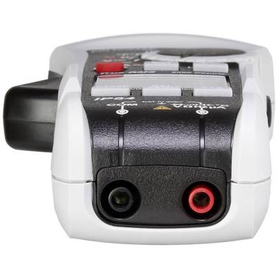 Digital multimeter with a black casing, red and black terminals. Used for measuring electrical values.