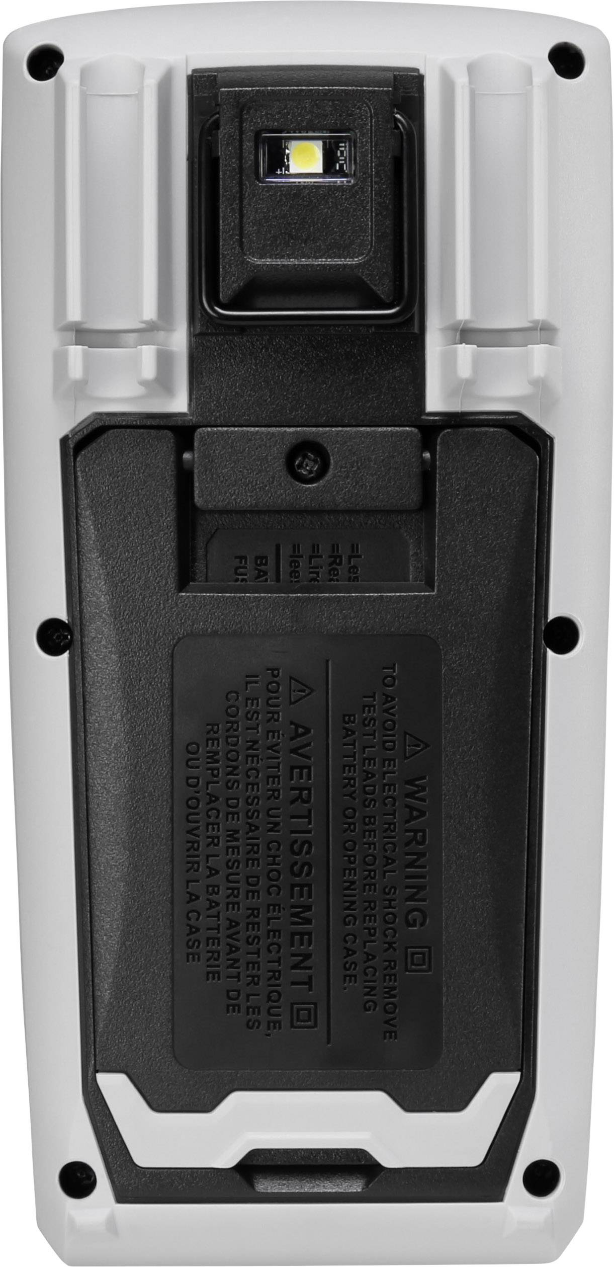 Rear view of an electrical device with warning notices and an LED at the upper end, surrounded by a housing with screws.