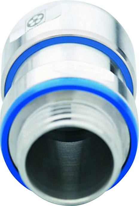 Metal plug connectors with blue rubber seals, cylindrical, high-gloss, suitable for industrial piping systems.