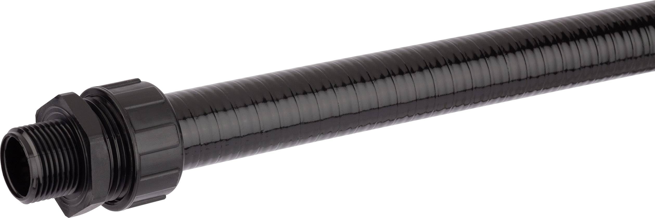 A black, ribbed plastic hose with a threaded connection on the left.