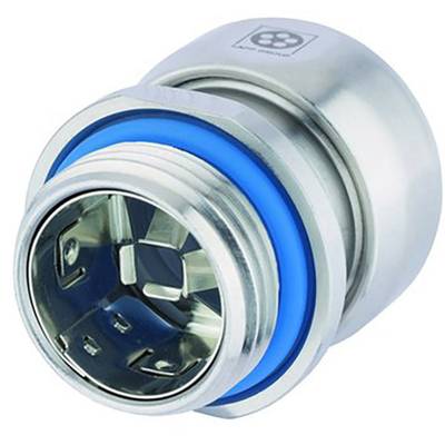 Metal connection element with a blue seal, designed for a secure and tight connection in piping systems.
