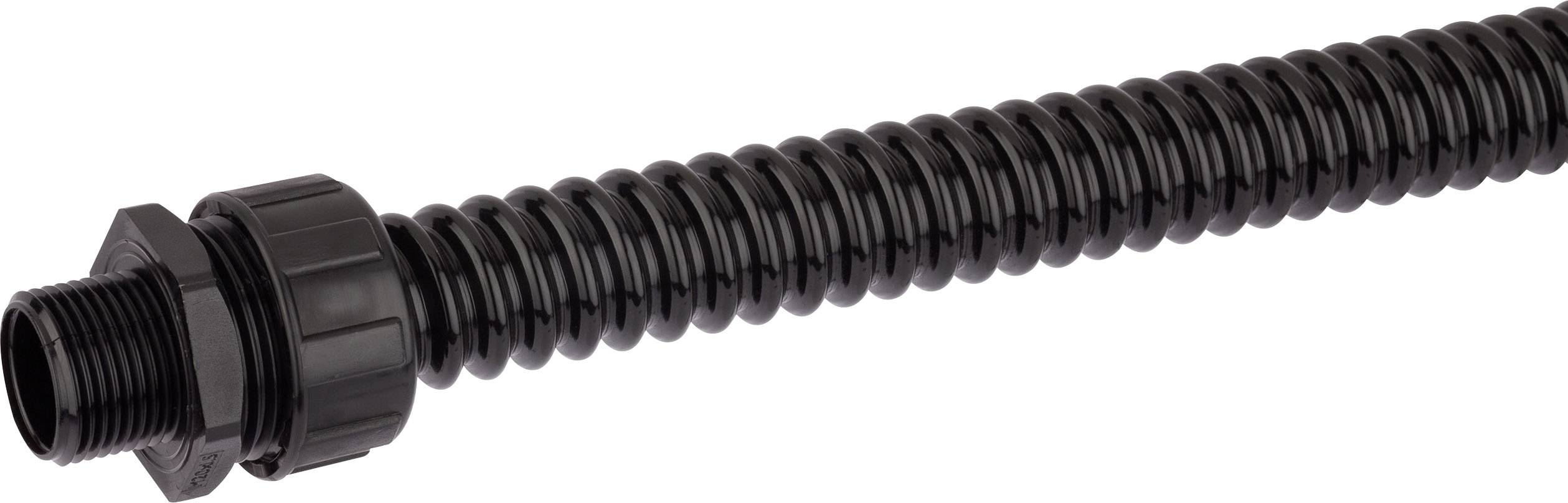 A flexible, black plastic hose with a screw connector at one end.