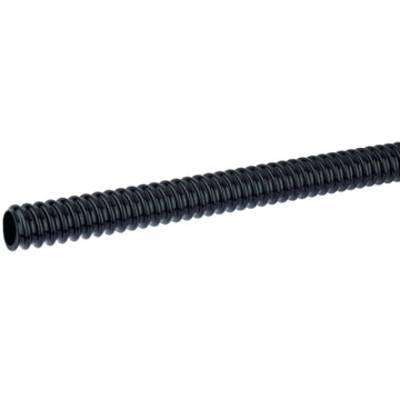 Black flexible corrugated plastic conduit, demonstrating its flexibility and structure; suitable for electrical installations and cable protection.