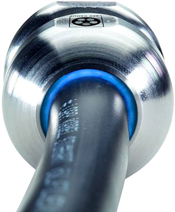 Close-up of a stainless steel cable connector with a blue sealing insert, suitable for applications requiring robust cable protection.