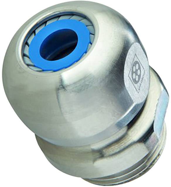 Metal cable gland with blue seal, used for securely introducing and sealing cables in enclosures.