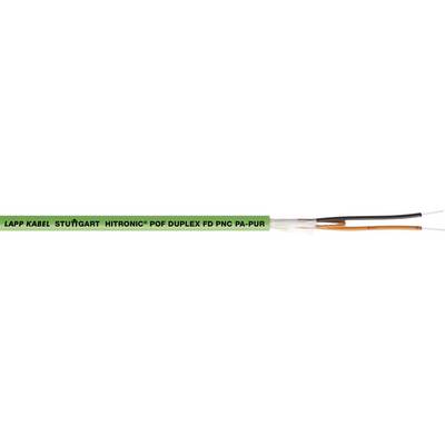 Green cable with the inscription 'LAPP KABEL STUTTGART UNITRONIC FD P DUPLEX FD PO FC PL-PUR', showing inner conductors and sheathing.