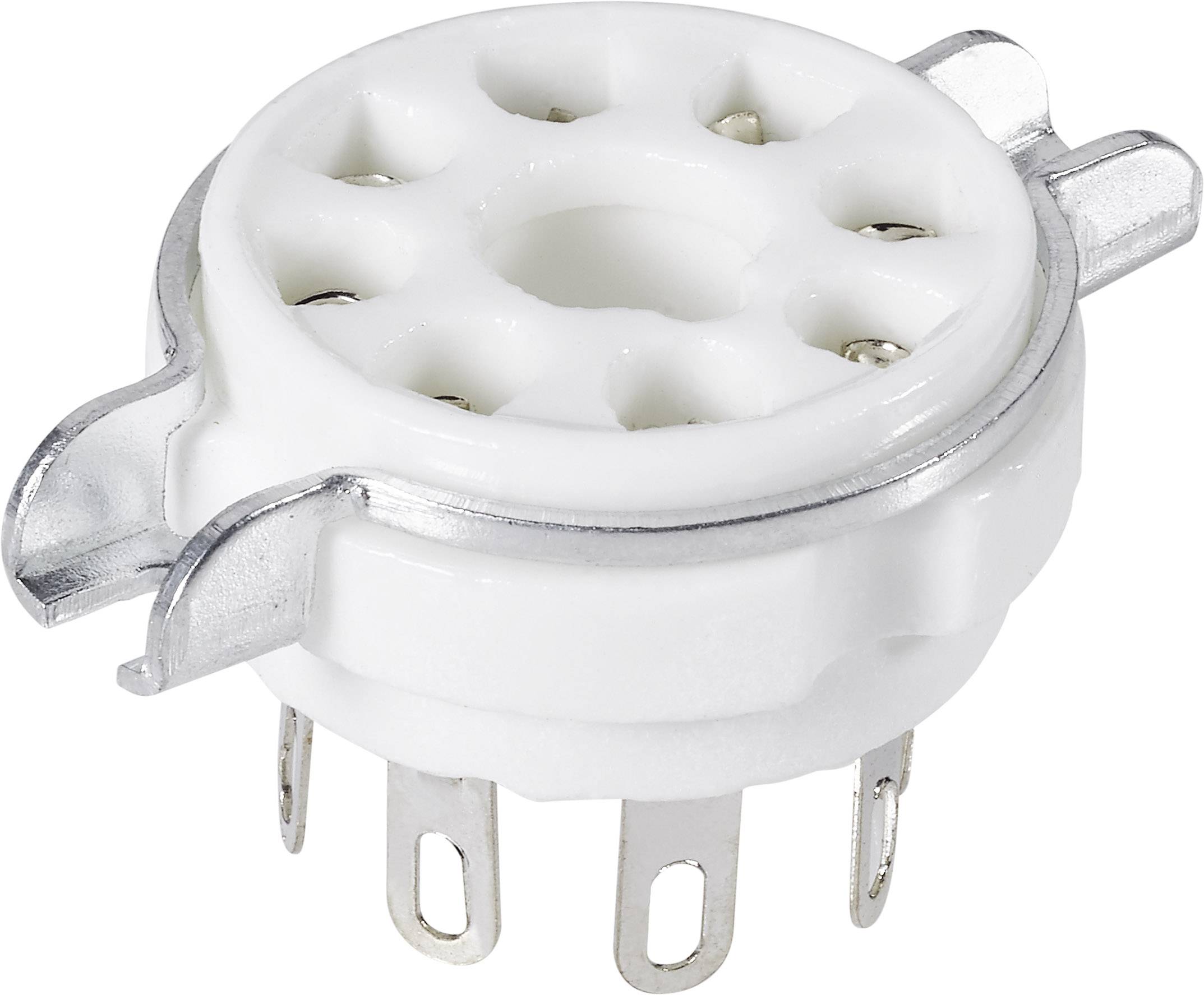 Ceramic tube socket with eight pins and metallic contact pins, used for electronic valves in amplifiers.