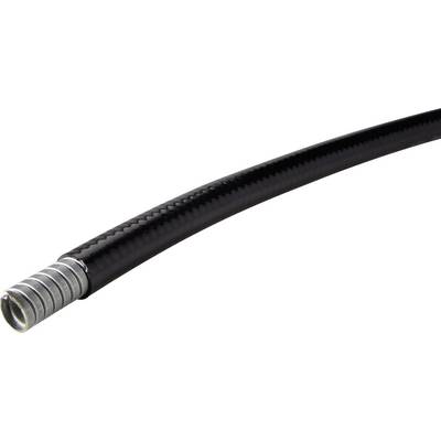 A black flexible hose with a metal connector at the end, suitable for industrial applications or DIY requirements.