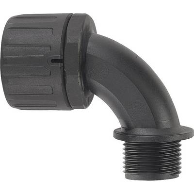 Black plastic hose connector, L-shaped, with ribbed union nut on the left and external thread on the right, for connecting pipes.