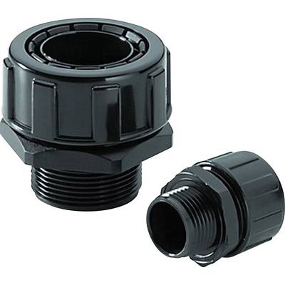 Two black cable glands, one large and one small. They are made of plastic and are used for anchoring and sealing cables.