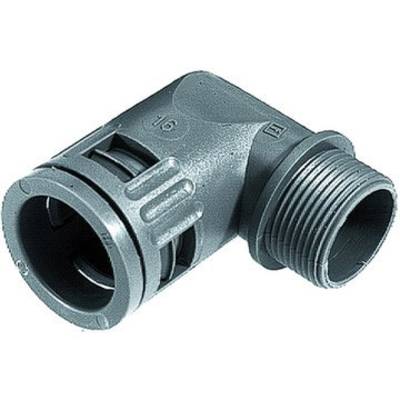 Grey plastic angle connector with two different ends, one threaded end and one smooth end with grooves.