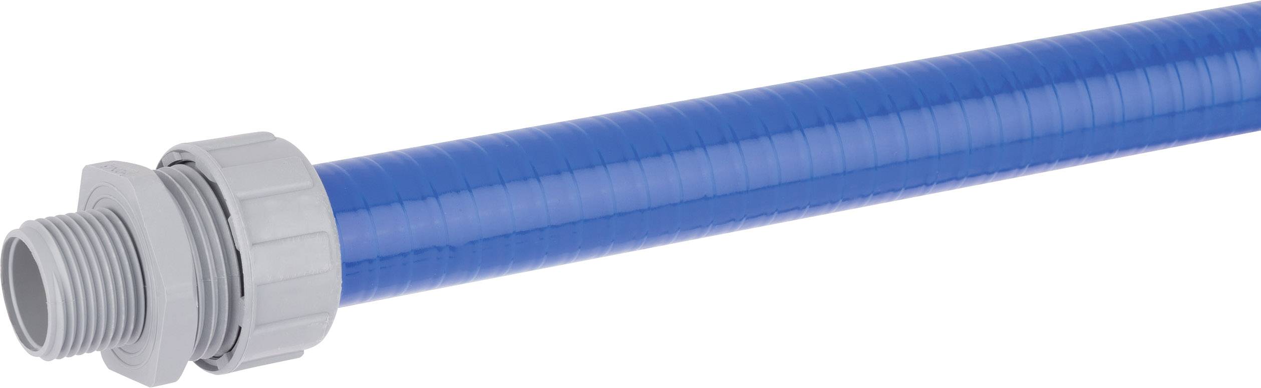 Blue plastic hose with grey threaded connector at one end, suitable for plumbing or irrigation applications.