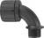 Black plastic angle with external thread and ribbed sealing cap, used as a connecting component in pipe installations.
