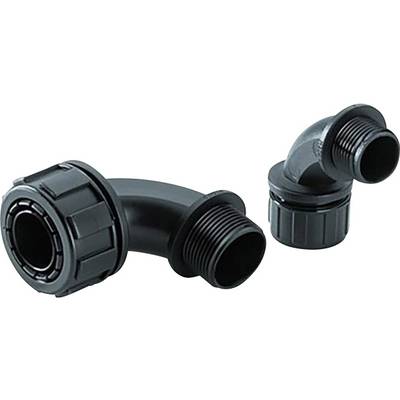 'Two pipe connectors: a 90-degree grooved elbow and a shorter coupling, both in black, for use in plumbing systems.'