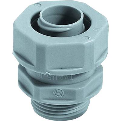Grey cable gland with thread, consisting of multiple parts for securing and sealing cables.