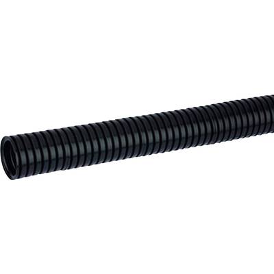 Corrugated conduit, black, used for cable protection; flexible and ribbed for cable routing or wire insulation.