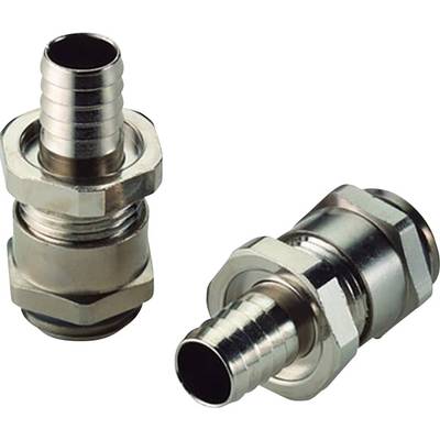 Metal hose connectors with threads. One connector is lying down, the other is standing upright. They are made of stainless steel and feature grooves for hoses.