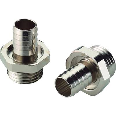 Two metal hose connectors with threads, used for attaching hoses to pipes.