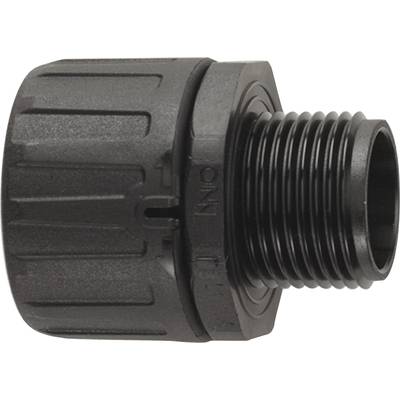 Black connecting adapter with grooved thread on the right side, in a cylindrical shape. Used for connecting pipes.