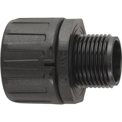 Black plastic threaded adapter, male, with knurled edge on the left and an external thread on the right.