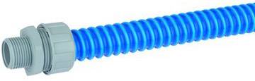 Blue flexible corrugated hose with grey connector. Suitable for installation in water or plumbing systems.