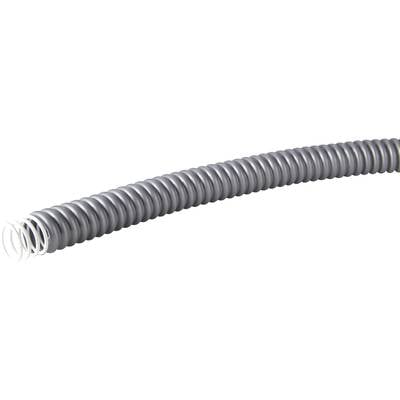 Grey, flexible corrugated conduit used to protect cables or hoses. It is made of plastic and features a ribbed structure.