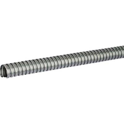 A flexible, silver metal conduit with a corrugated surface, suitable for protecting electrical cables.