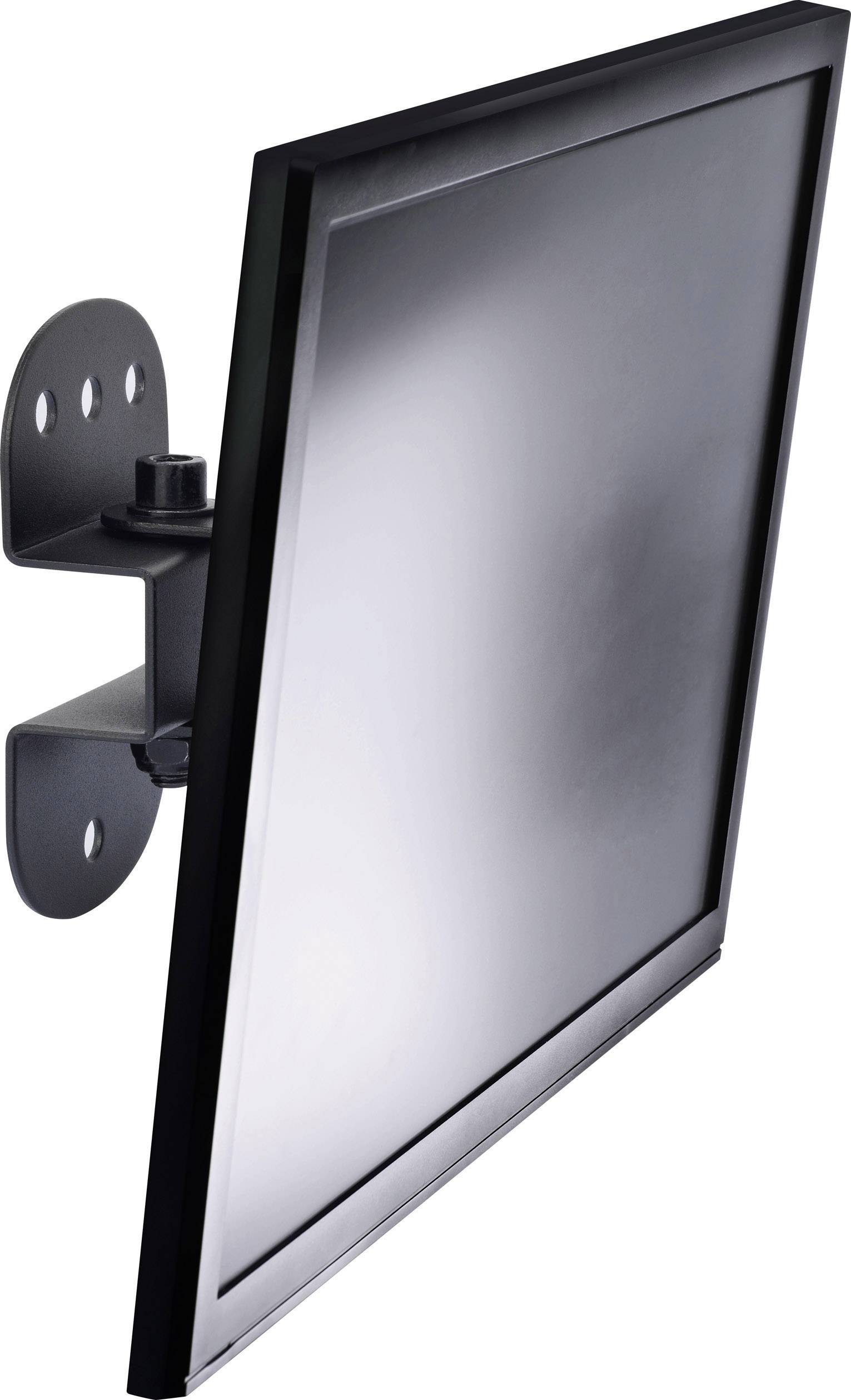A black monitor mounted on a wall bracket, photographed from the side. The monitor is switched off. Mounting holes are visible on the left.