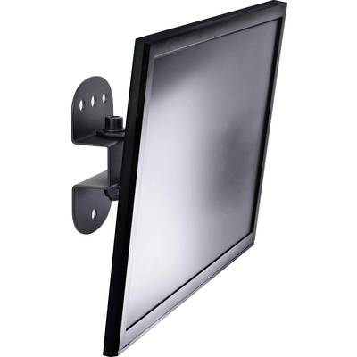 A black monitor mounted on a wall bracket, photographed from the side. The monitor is switched off. Mounting holes are visible on the left.