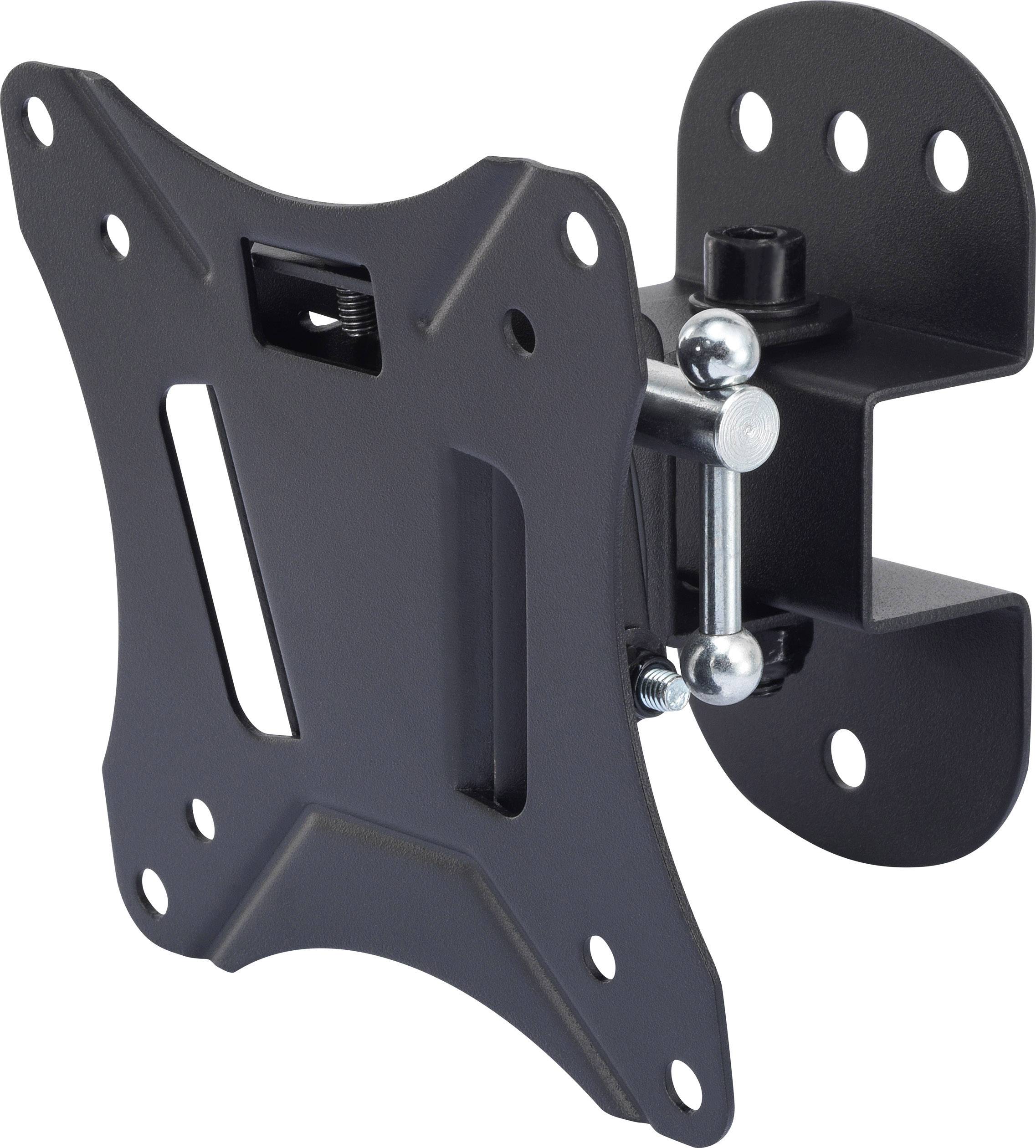 Black powder-coated wall mount for TV or monitor, with multiple mounting points, adjustable, suitable for various screen sizes.