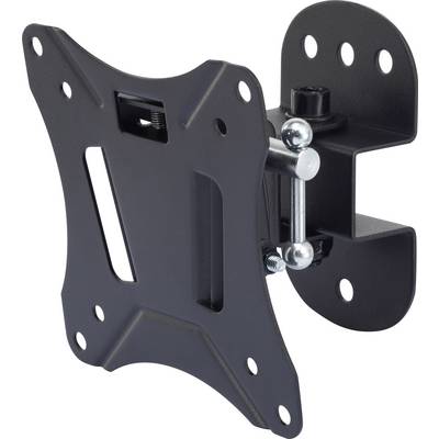 Black powder-coated wall mount for TV or monitor, with multiple mounting points, adjustable, suitable for various screen sizes.