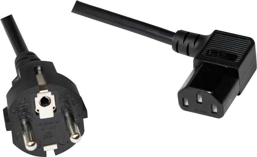 European Schuko mains cable with angled IEC C13 plug, black cable.