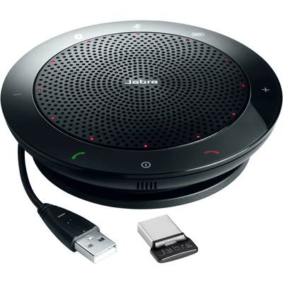 Portable, round conference speaker with USB cable and wireless adapter, potentially suitable for hands-free calls.