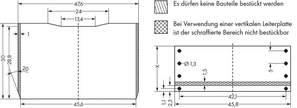 Technical drawing of a component. Dimensions and distances are specified. Note: 'No components may be populated.'