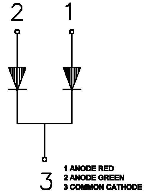 'Electrical Circuit Diagram: Two Diodes with Shared Cathode Connection. Anode 1 red, Anode 2 green, Connection 3 is the Common Cathode.'